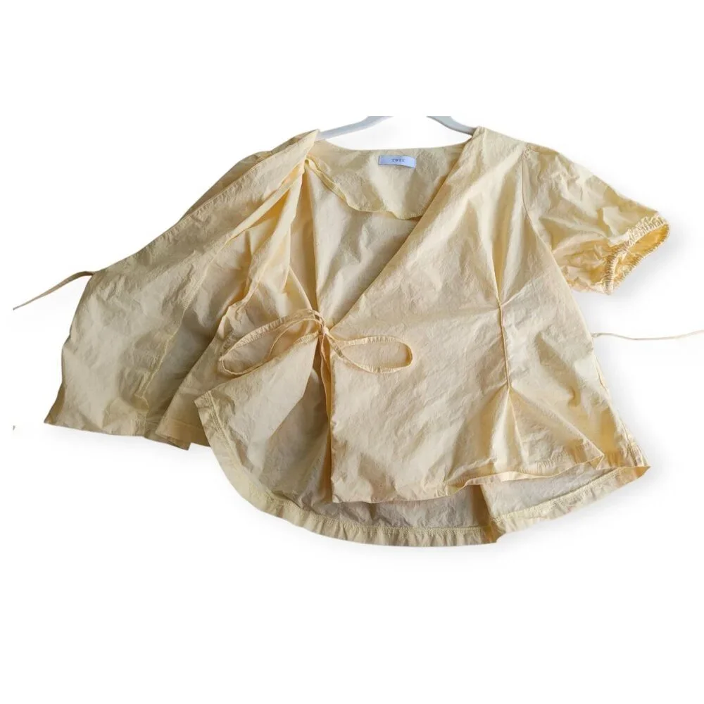 Butter Yellow Poplin Puff Sleeve Drawstring Top Twee Y2K Cottagecore Baby Tee - Picture 3 of 10